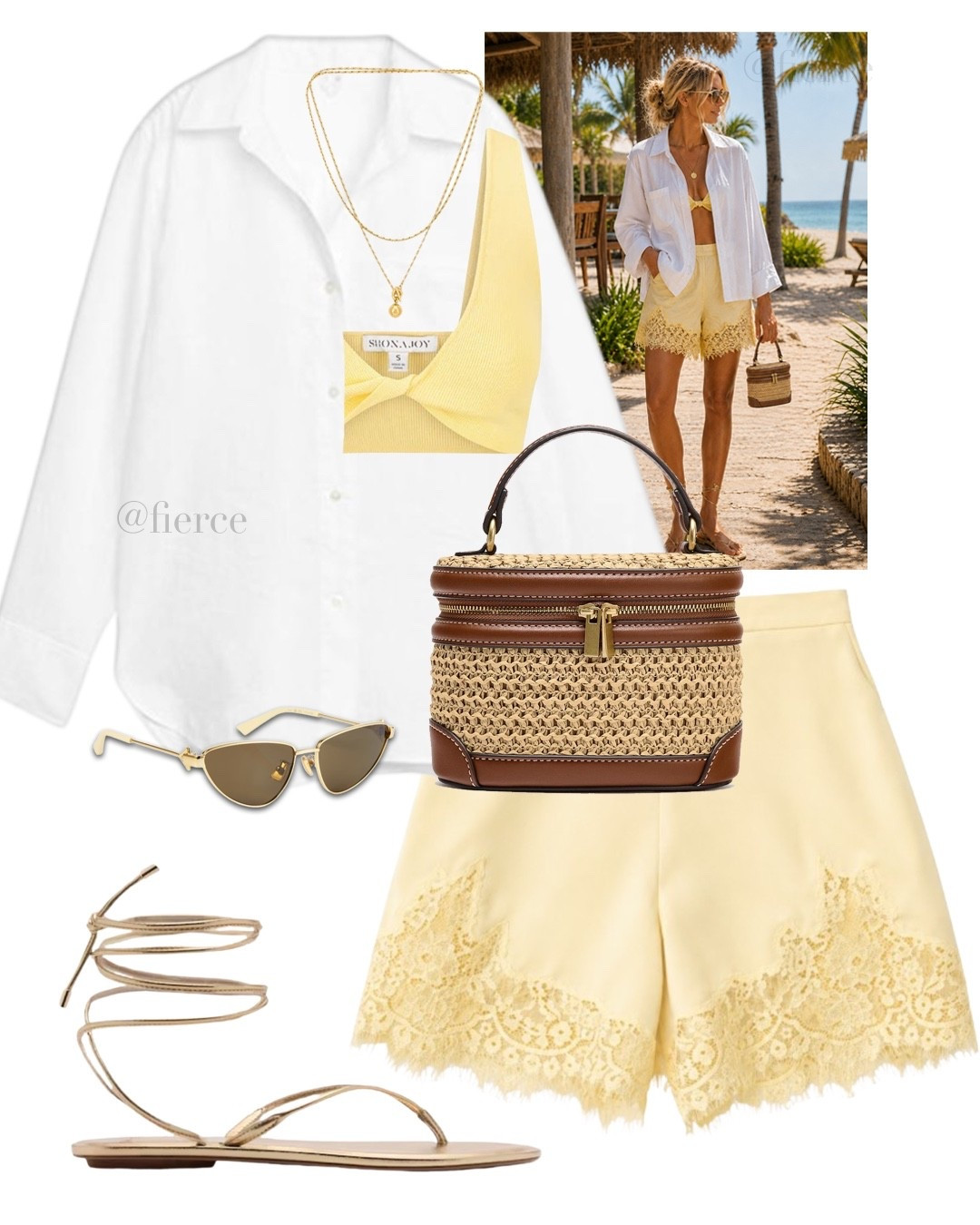 Yellow satin lace shorts white linen shirt gold tie up sandals vanity raffia bag 

#LTKsummer #LTKeurope #LTKuk