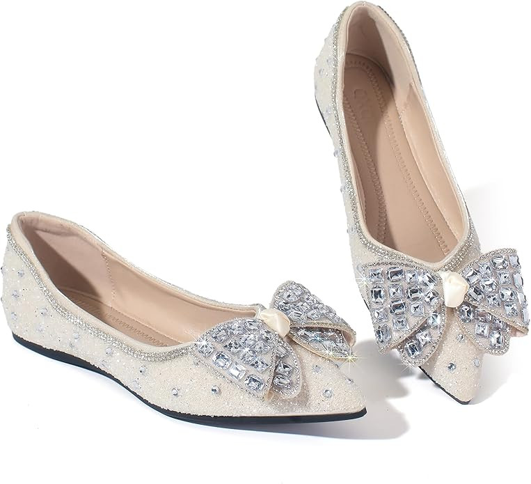 Women's Pointed Toe Flats Diamond Bow Sequin Comfortable Slip On Flats Light Weight Dress Shoes | Amazon (US)