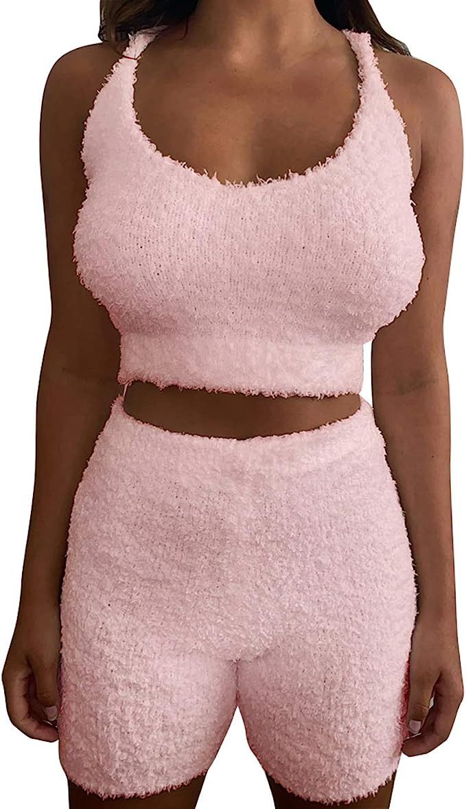 Womens Sexy Fuzzy Warm Sherpa Fleece 2 Piece Outfit Spaghetti Strap Sleeveless Crop Top+ Shorts S... | Amazon (US)