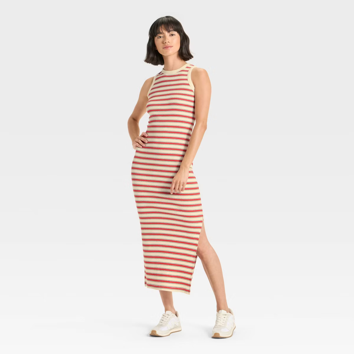 Women's Rib-Knit Maxi Bodycon Dress - Universal Thread™ Dark Red Striped | Target