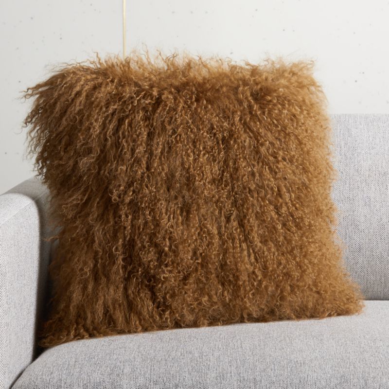 16" Brown Mongolian Sheepskin Pillow with Down-Alternative Insert | CB2 | CB2