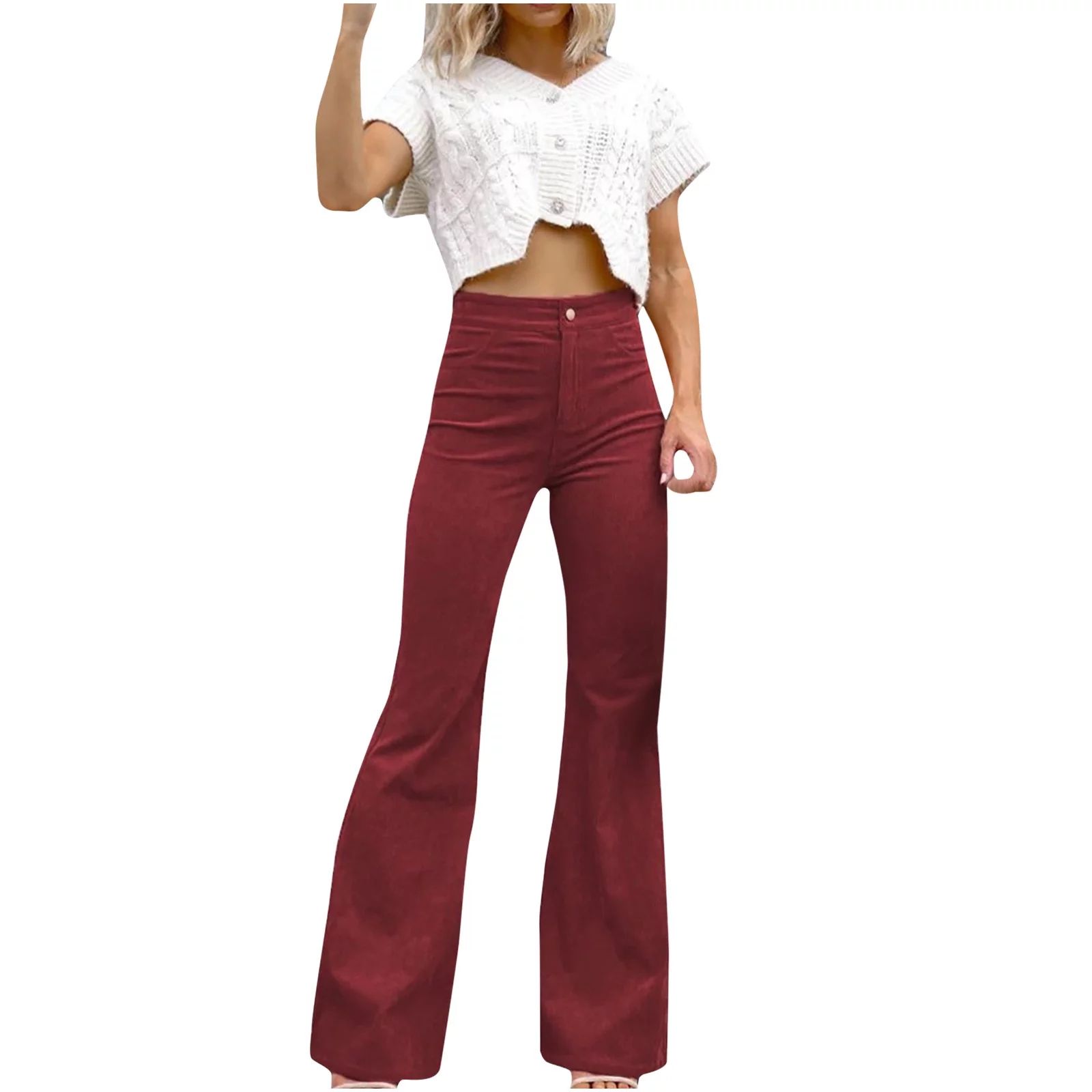 Hfyihgf Women Elegant Corduroy Flare Pants Elastic High Waist Vintage Bell Bottom Trousers with P... | Walmart (US)