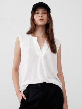 Linen-Blend Split-Neck Tank | Banana Republic Factory