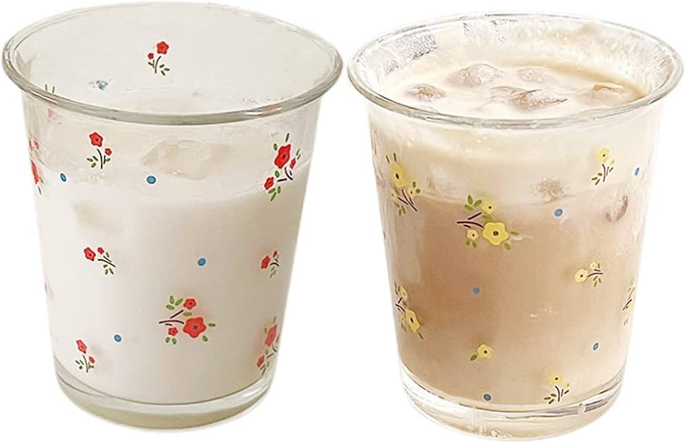 yaocoral Set of 2 10 OZ French Floral Drinking Glasses Stackable Glass Cup for Juice,Iced Coffee ... | Amazon (US)