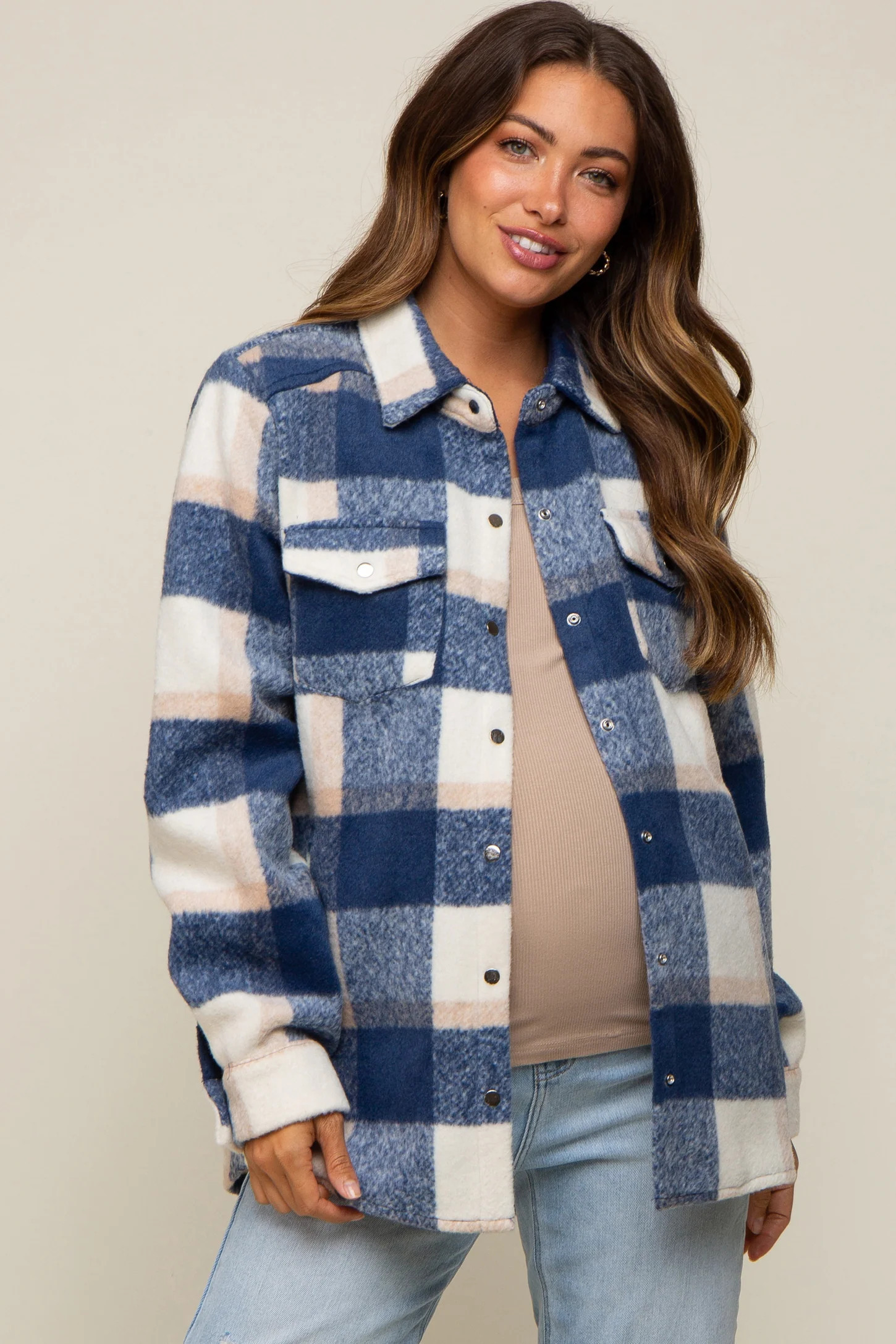 Navy Plaid Fleece Maternity Shirt Jacket | PinkBlush Maternity