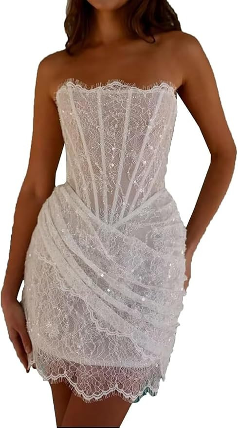 Short Wedding Dresses for Bride Lace Appliques Long Sleeve Tight Bridal Dress Mini Wedding Recept... | Amazon (US)