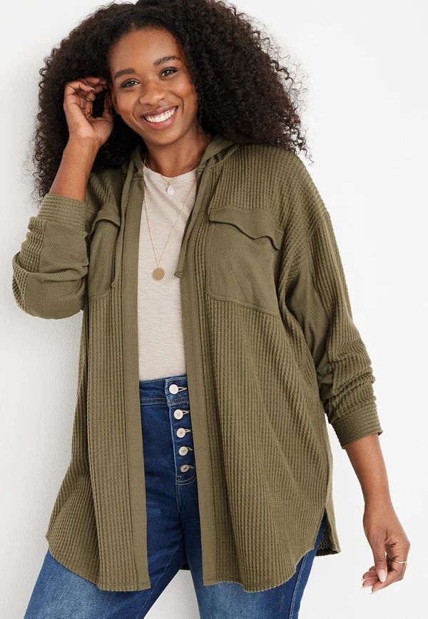 Plus Size Solid Hooded Waffle Cardigan | Maurices