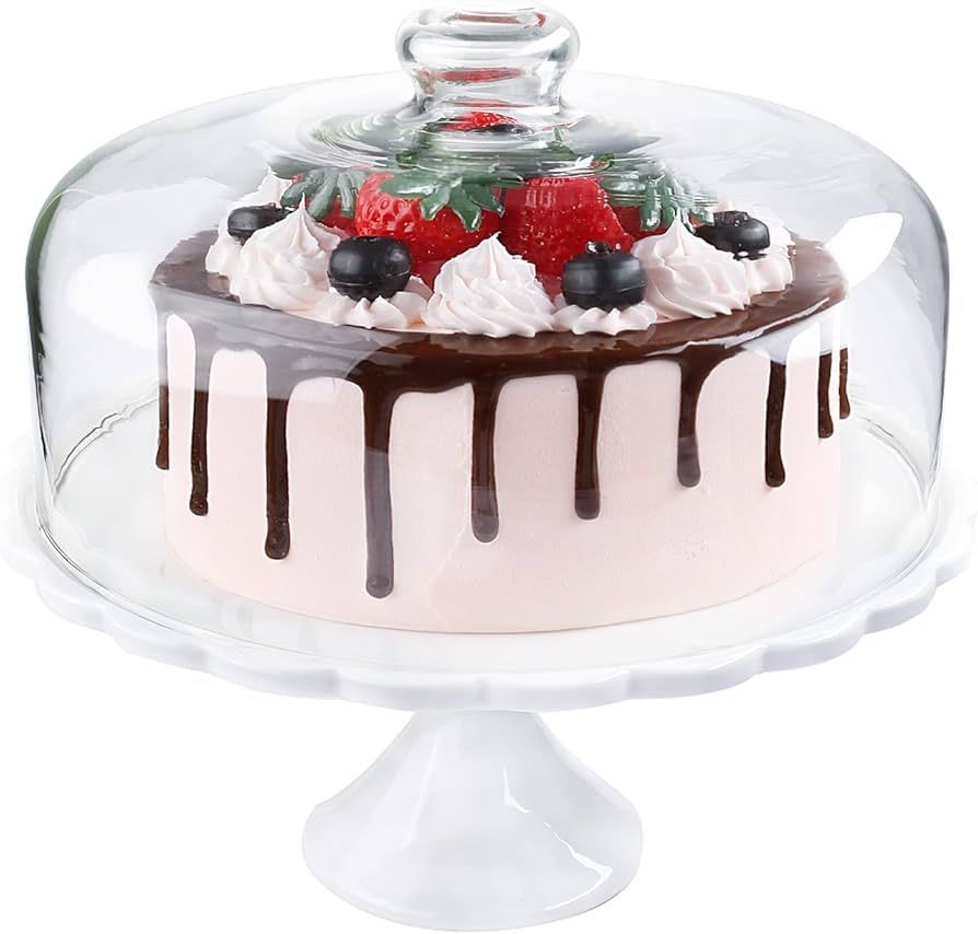 11 Inch Porcelain Cake Stand with 10 Inch Glass Dome Cover, ANMEISH White Ceramic Cake Stand with... | Amazon (US)