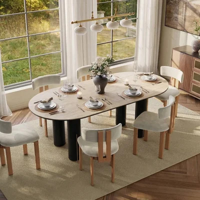 Modern Oval Dining Table With Travertine-style Top, Solid Wood Legs | Wayfair North America