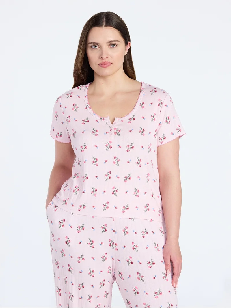 Joyspun Women’s Pointelle Knit Sleepwear Henley Tee with Short Sleeves, Sizes XS-3X | Walmart (US)