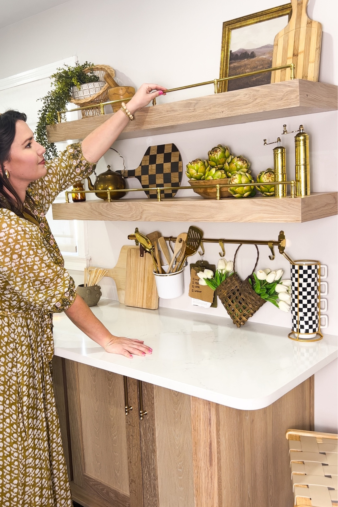 Kitchen floating shelves, brass tipping rail and brass pot rack, and other accessories and decor 

#LTKsalealert #LTKstyletip #LTKhome