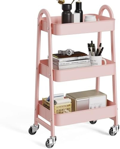 OLIXIS 3 Tier Utility Rolling Cart, Metal Mobile Storage Shelf with Lockable Caster Wheels, Organ... | Amazon (US)