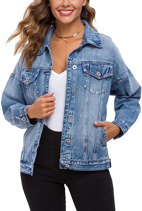 Cantonwalker Loose Women's Denim Jean Jacket,Oversize Vintage denim jacket,Long Sleeve Boyfriend ... | Amazon (US)