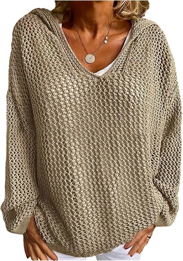 Floerns Women's Plus Size Long Sleeve Crochet Knit Drop Shoulder Beach Hoodie Sweater Pullover | Amazon (US)