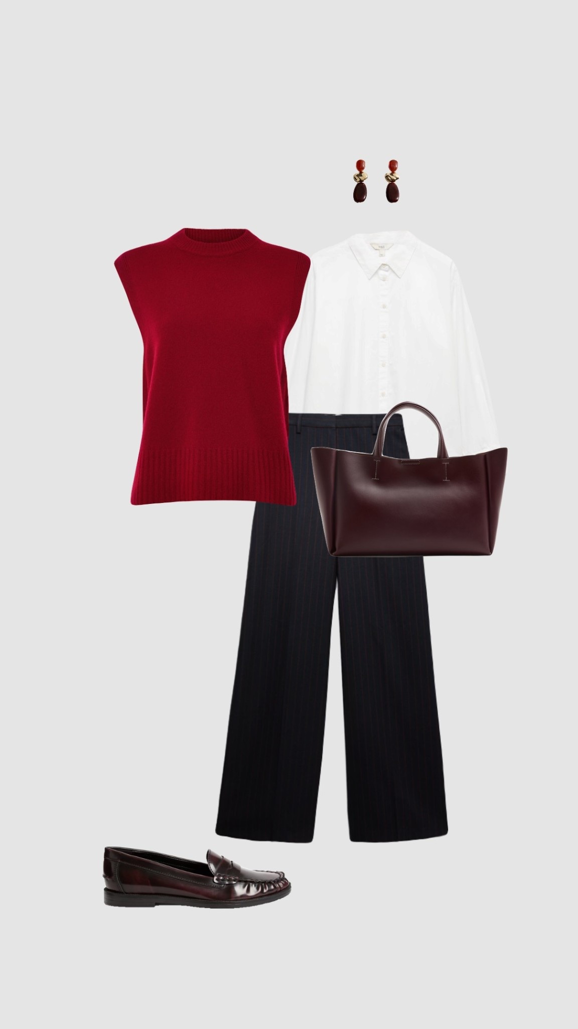 Smart Casual Work Outfit 💼♥️

• red knit vest white shirt pinstripe striped navy high waisted wide leg trousers burgundy loafers tote bag office outfits winter outfit uk outfit interview outfit spring outfit workwear college outfits •




#LTKwinter #LTKworkwear #LTKuk