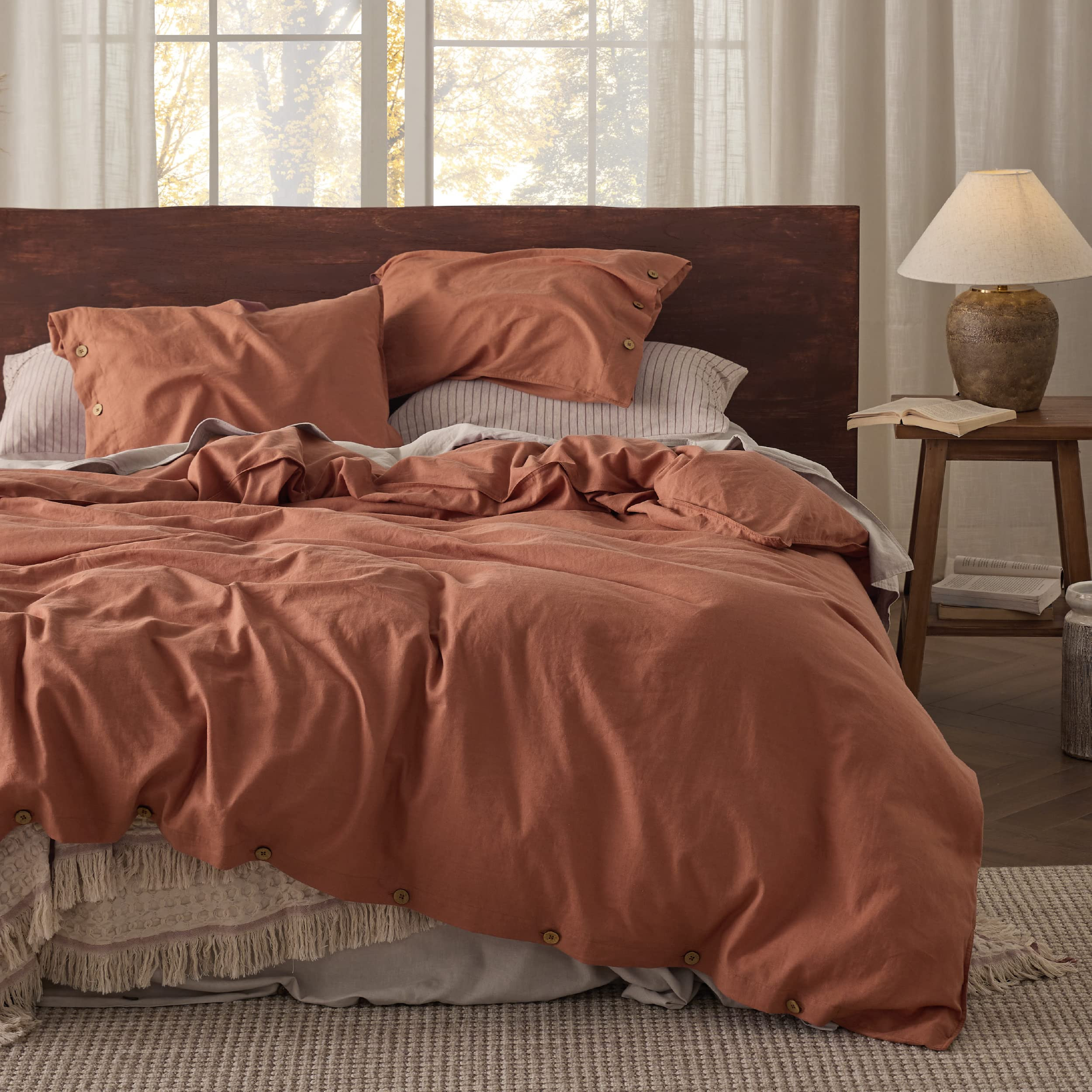 Bedsure Linen Duvet Cover Queen - Linen Cotton Blend Bedding Set, Soft & Cozy, 3 Pieces, 1 Duvet Cover 90x90 Inches and 2 Pillowcases, Terracotta Color Cooling Bedding, Comforter Sold Separately | Amazon (US)