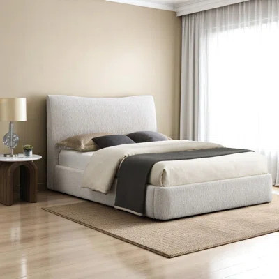 Renne Aperol Beige Chenille Queen Bed, No Tool Required Assembly, Fully Ulpholstered, Curved Headboard | Wayfair North America