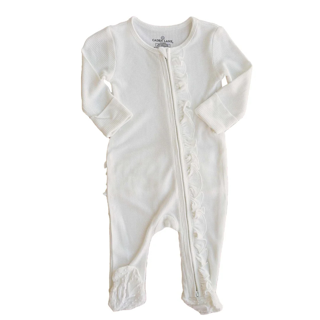 Cloud White Waffle Bamboo Zipper Ruffle Footie | Caden Lane