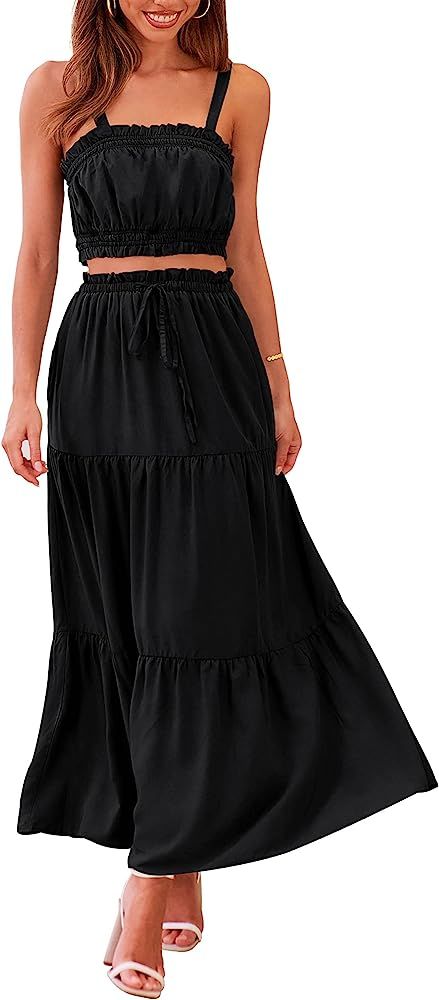 MEROKEETY Women 2 Piece Outfits Sleeveless Crop Top High Waist Long Skirt Set With Pockets | Amazon (US)