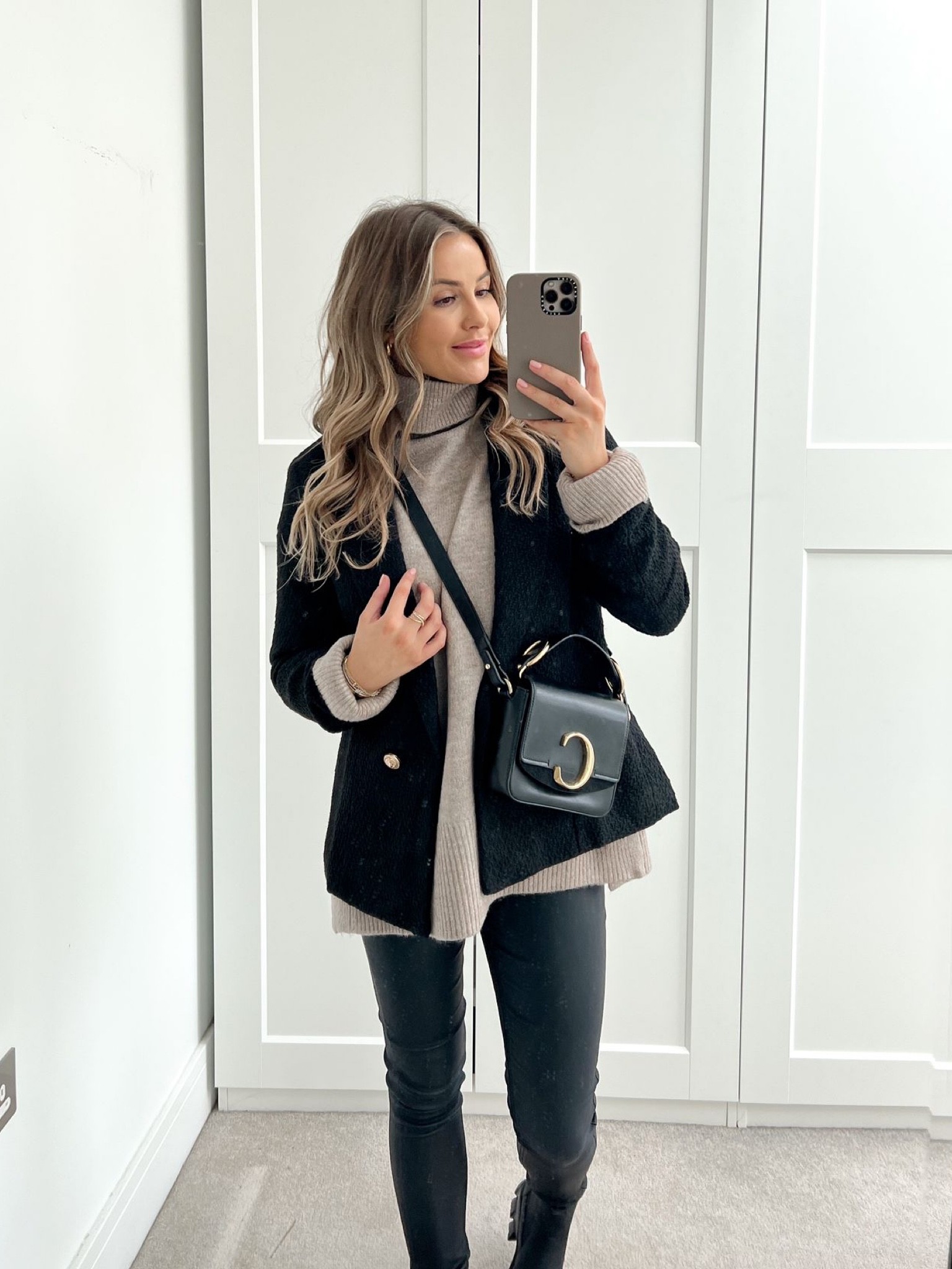 Beige & black autumn outfit from new look. Mink roll neck jumper, black boucle blazer, faux leather leggings, chunky black boots, Chloe mini c bag, parfums de marly delina perfume & monica vinader chunky hoop earrings  

#LTKstyletip #LTKSeasonal #LTKshoecrush