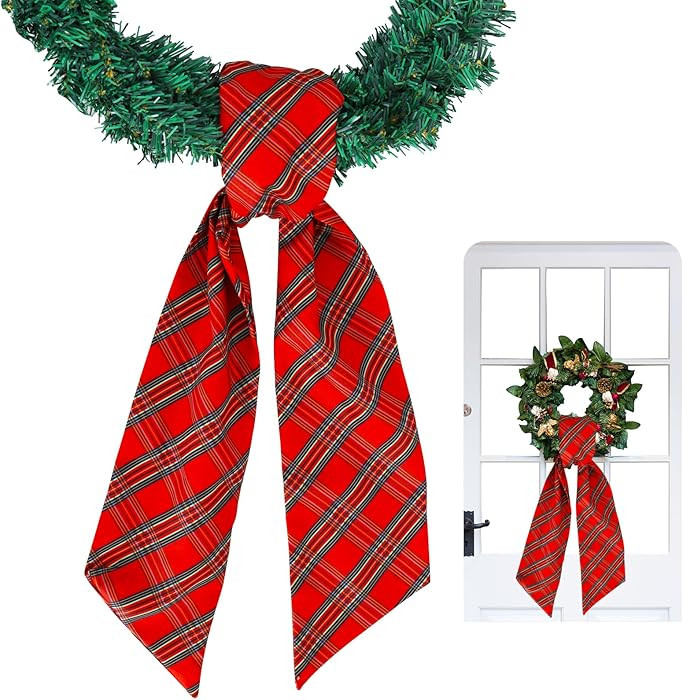 TONIFUL Wreath Sash for Front Door 4.5" x 56" Red and Green Check Plaid Wreath Sash for Embroider... | Amazon (US)