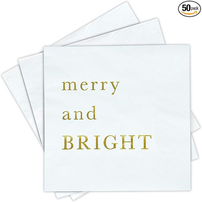 Merry Bright Christmas Cocktail Napkins - Gold Foil 3-Ply Disposable Holiday Napkins for Christma... | Amazon (US)