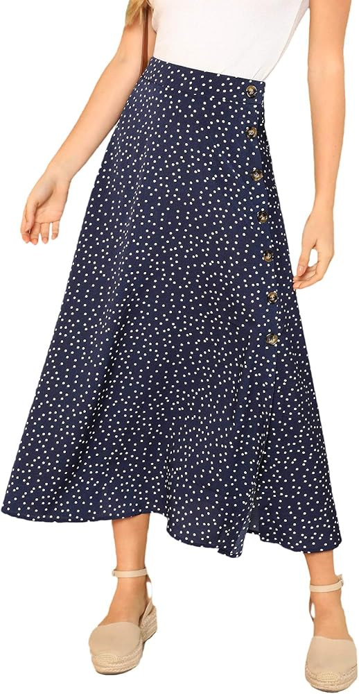 SheIn Women's Polka Dot A-Line Button Side Split Midi Knee Length Skirt | Amazon (US)