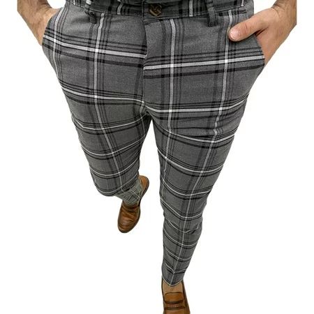 Men s Plaid Dress Pants Casual Slim Fit Flat Front Skinny Business Checked Plaid Pants | Walmart (US)