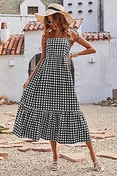 PRETTYGARDEN Summer Dress for Women Plaid Spaghetti Strap Square Neck Tiered Ruffle Flowy Maxi Dr... | Amazon (US)