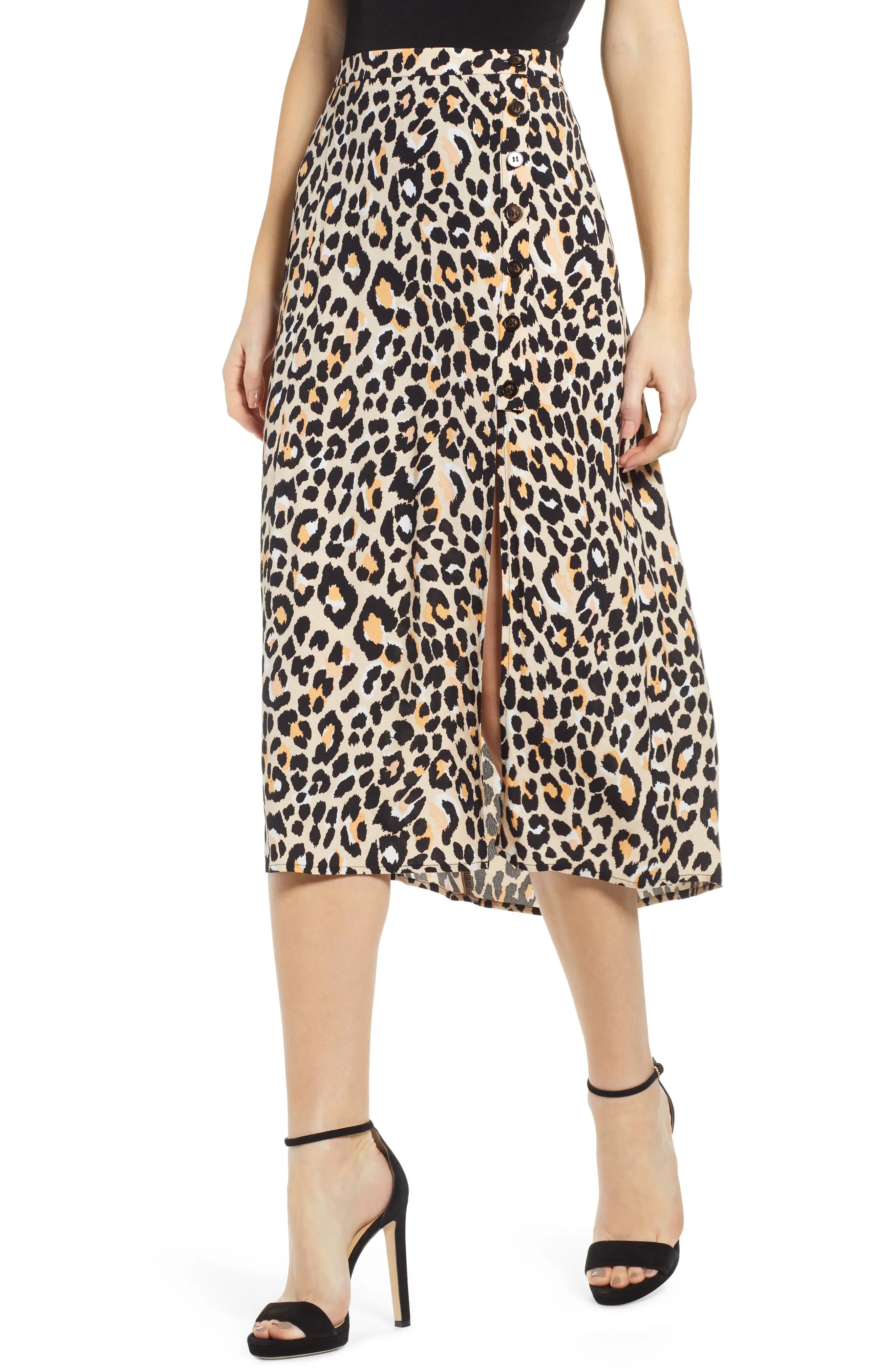 Leopard Print Button Front Midi Cotton Blend Skirt | Nordstrom