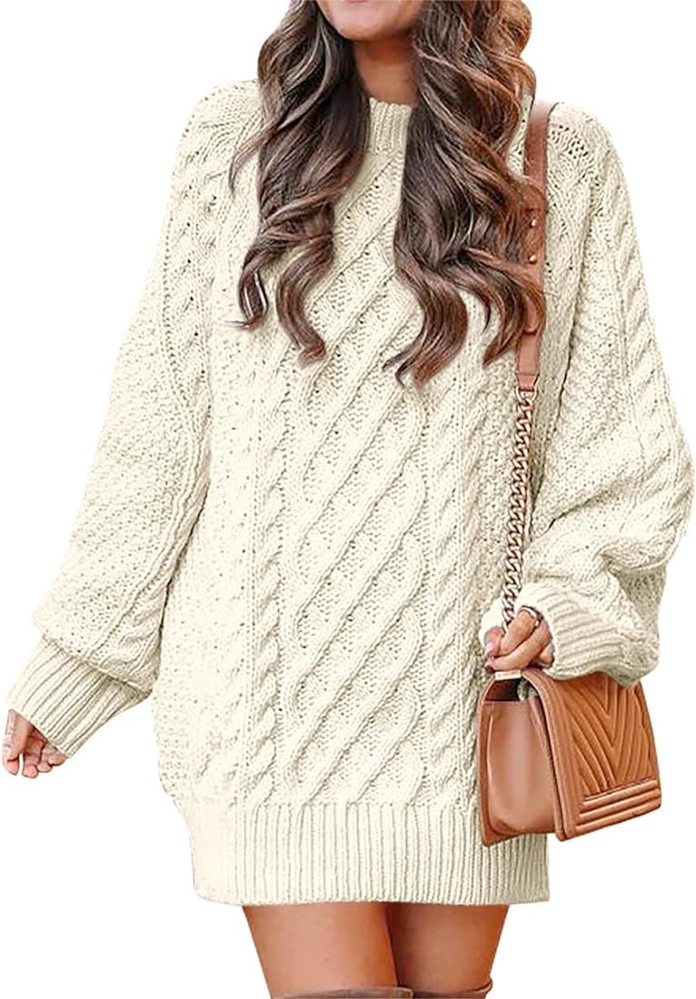 ANRABESS Women Crewneck Long Sleeve Oversized Cable Knit Chunky Pullover Short Sweater Dresses | Amazon (US)