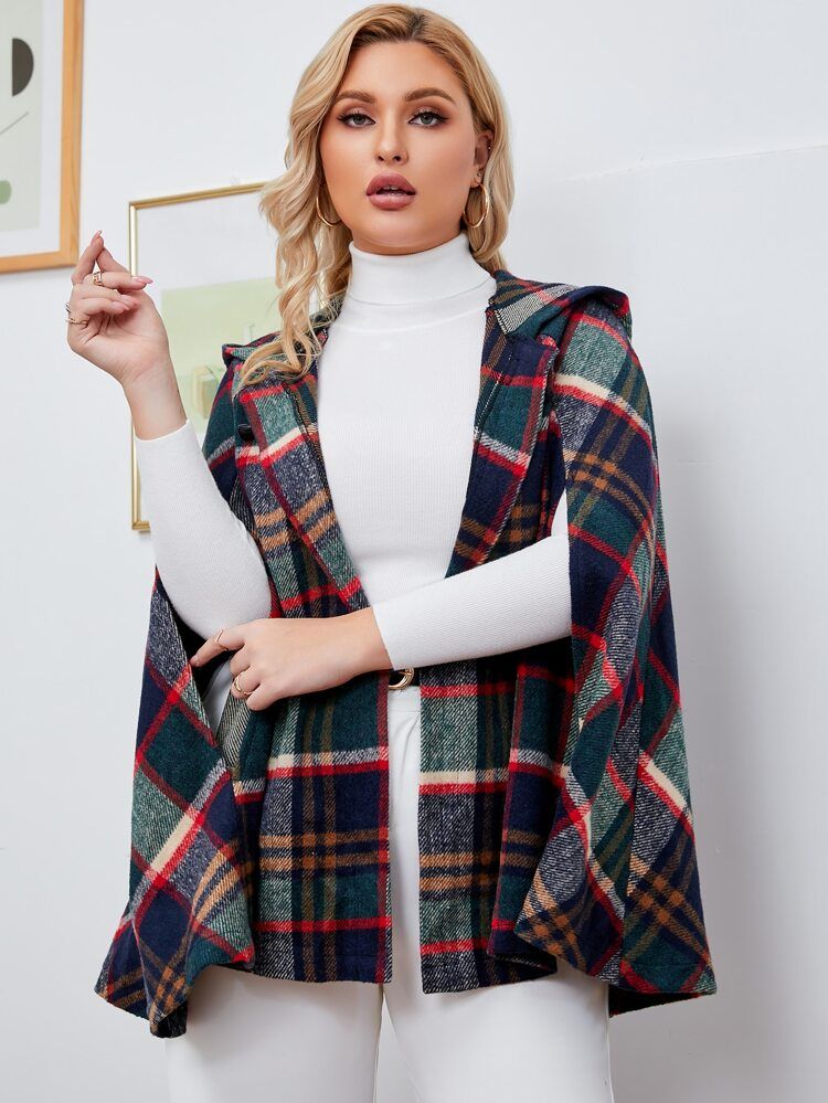 Plus Plaid Print Hooded Cape Overcoat | SHEIN