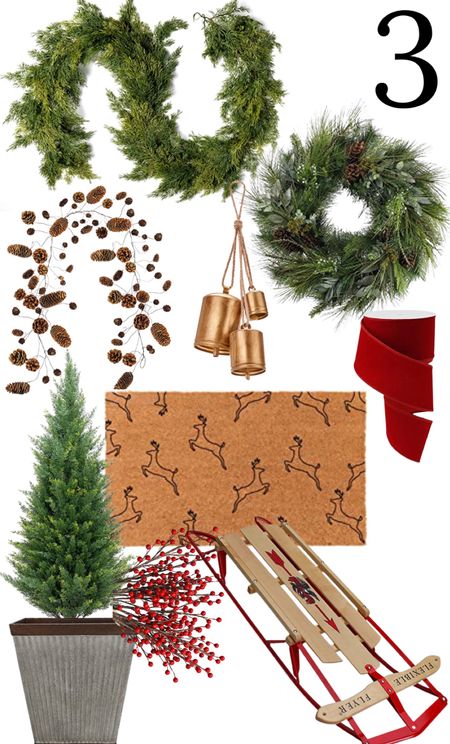 Farmhouse Christmas front door decor, Holiday decorating, vintage inspired, rustic, wreath, Garland, bells, Evergreen trees, sled￼

#LTKhome #LTKSeasonal #LTKHoliday