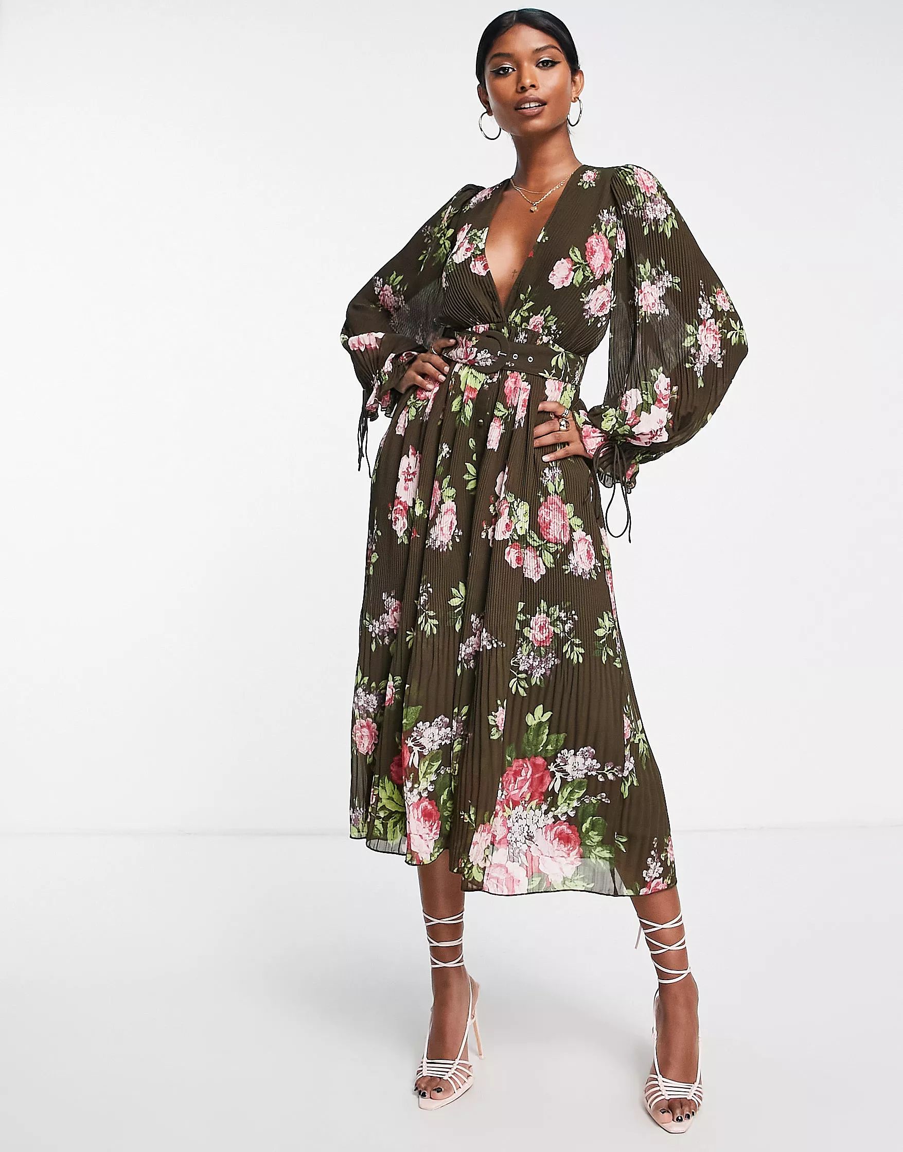 ASOS DESIGN - Robe plissée mi-longue à imprimé fleuri avec ceinture et manches blousantes | ASOS (Global)