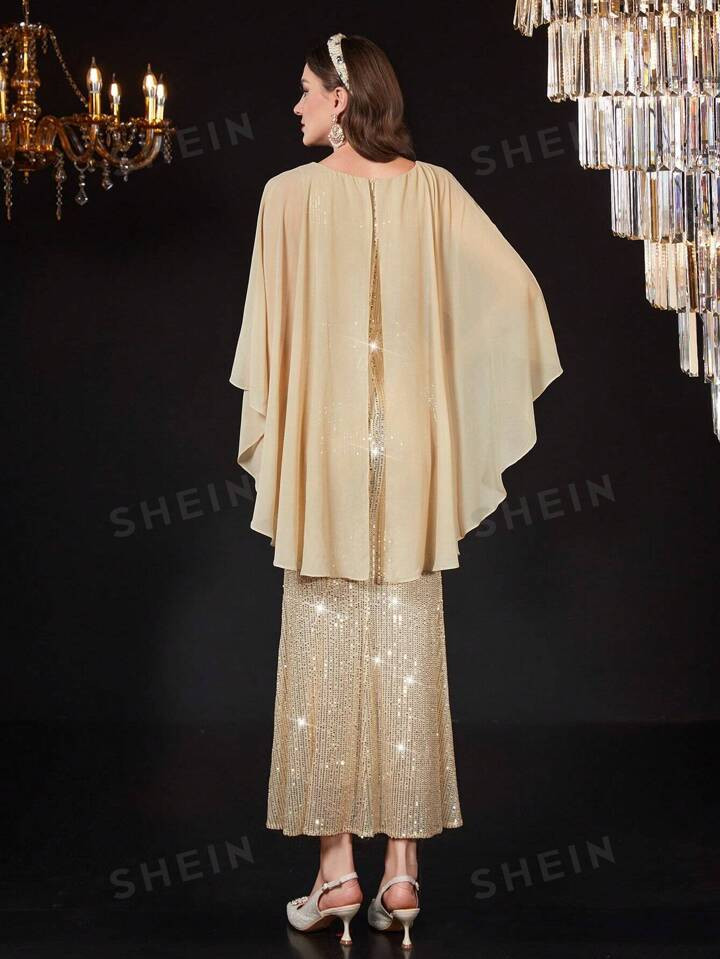 SHEIN Modely Mesh Splicing Mermaid Hem Sequin Dress With Cape Design, Prom Vintage Dress | SHEIN