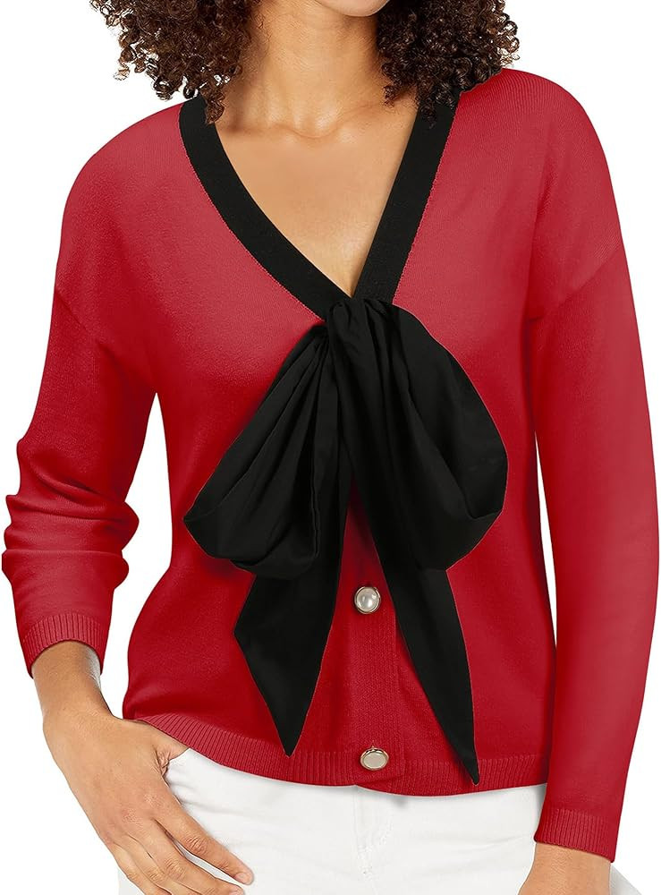 Women Bow Sweater Cute Tie Front Cropped Cardigan V Neck 7/8 Long Sleeve Fall Knit Top Elegant Ho... | Amazon (US)