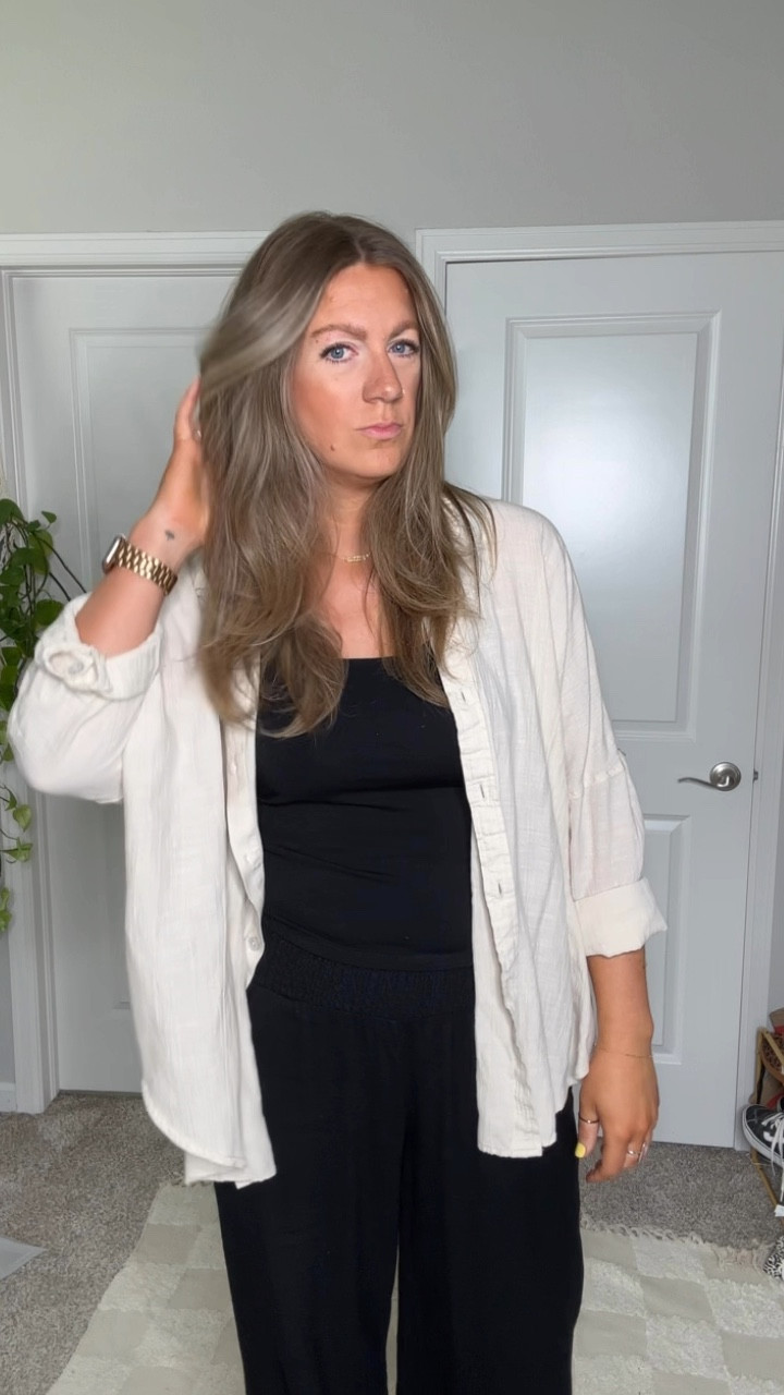 Large tank, large top, medium tall pants 

#LTKMidsize #LTKOver40