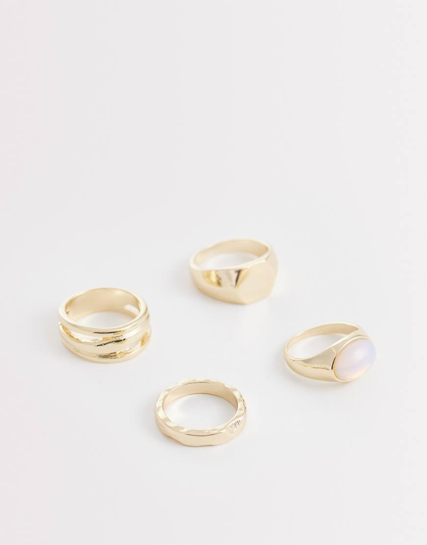 ASOS DESIGN 4 pack semi-precious opal oval stone and hexagon rings in gold | ASOS (Global)