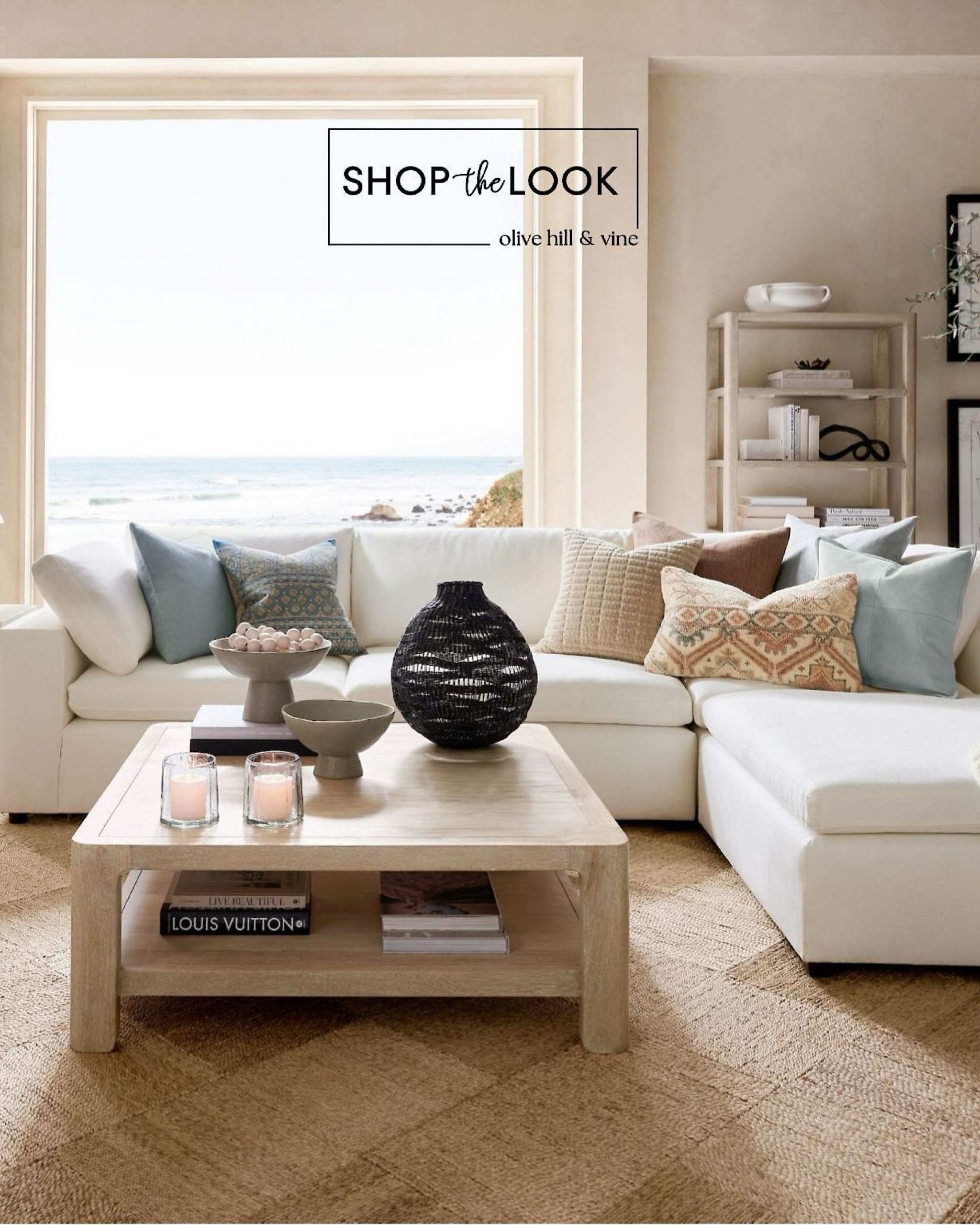 Bring coastal vibes home! Pair a wide-arm modular chaise with hidden storage, a square coffee table, with matching side table and bookcase. Add a woven vase, pedestal bowls, a bronze ribbon sculpture, and printed pillows to layer texture and charm. 

#LTKFamily #LTKHome #LTKStyleTip