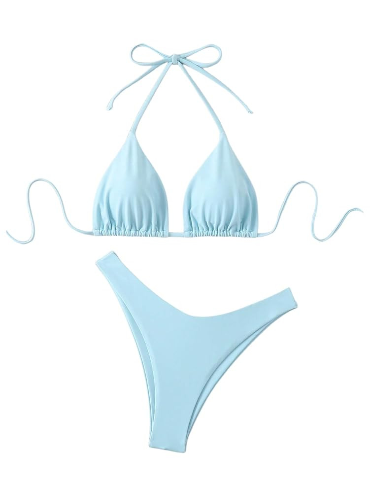 GORGLITTER Women's High Waisted Thong Bikini Set Halter Triangle Tie Back Swimsuit Bathing Suit | Amazon (US)