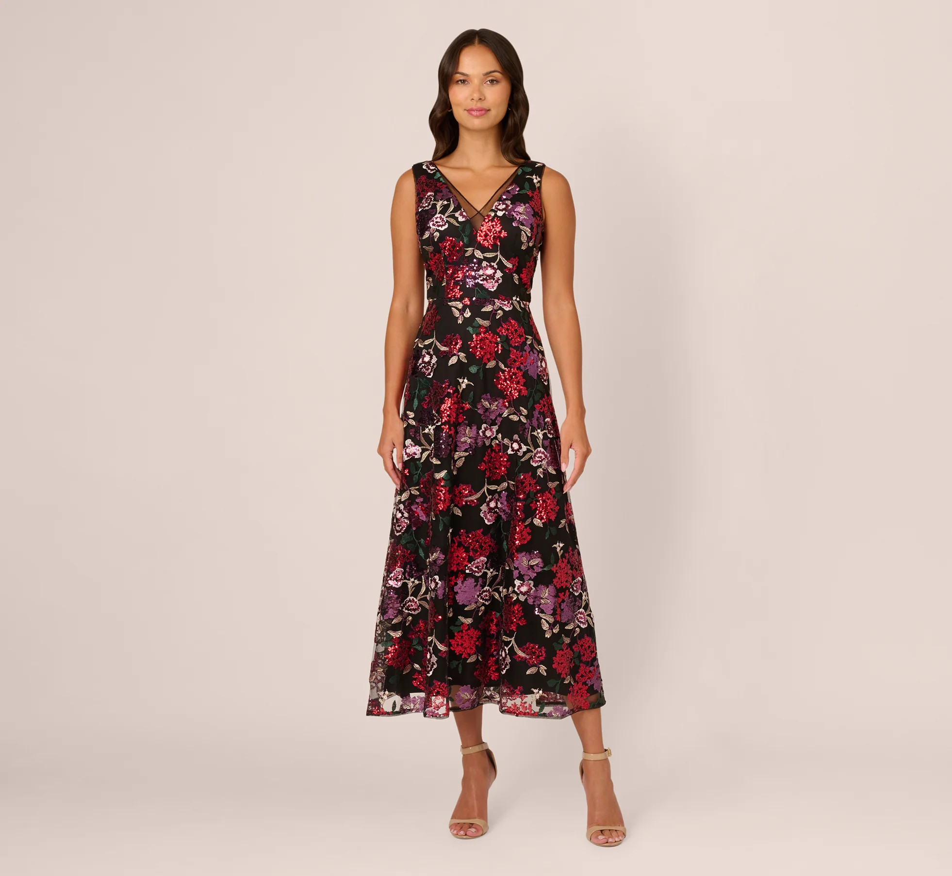 Floral Sequin Ankle Dress In Black Multi | Adrianna Papell