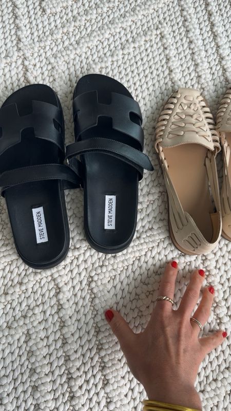 If you only have 2 shoes for the summer- these are my picks! Leather slides + woven sandals (that look like flats) 

Black & cream goes with everything! Both can be dressed up or down, are comfortable & modern 

I sized up one in the Black slides - Steve Madden run small! I got my tts 10 in the cream Huarache sandals 

#LTKVideo #LTKOver40 #LTKStyleTip