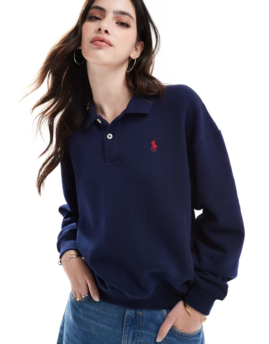 Polo Ralph Lauren collared sweatshirt with logo in navy | ASOS (Global)