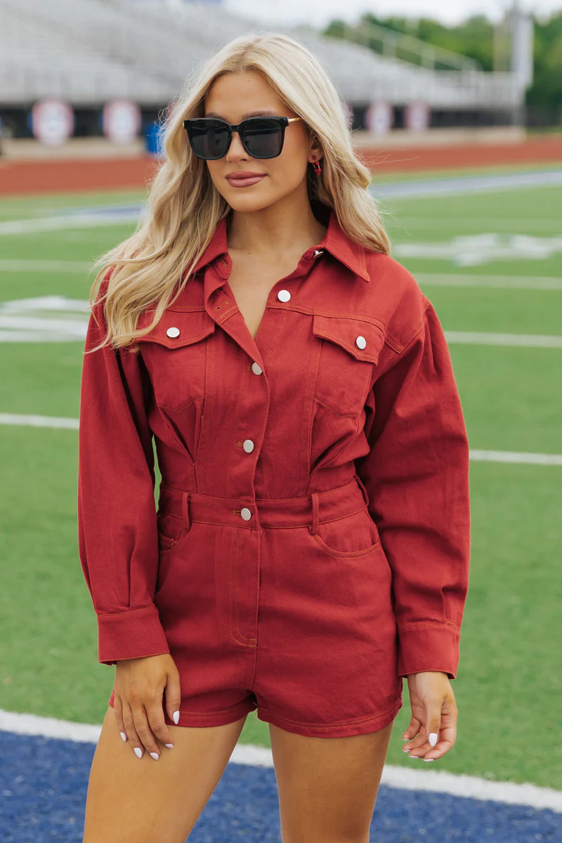 Red Long Sleeve Denim Romper | Magnolia Boutique