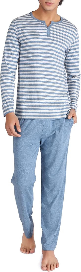 DAVID ARCHY Men's Cotton PJs Heather Striped Sleepwear Lounge Wear Top & Bottom Pajama Set | Amazon (US)