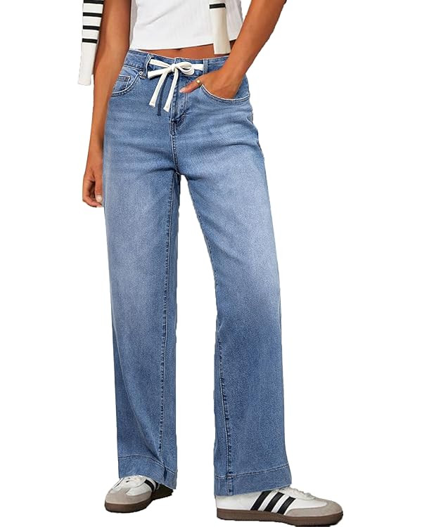 Sidefeel Women's Wide Leg Jeans High Waisted Stretchy Straight Leg Baggy Drawstring Zimbaplatinum... | Amazon (US)
