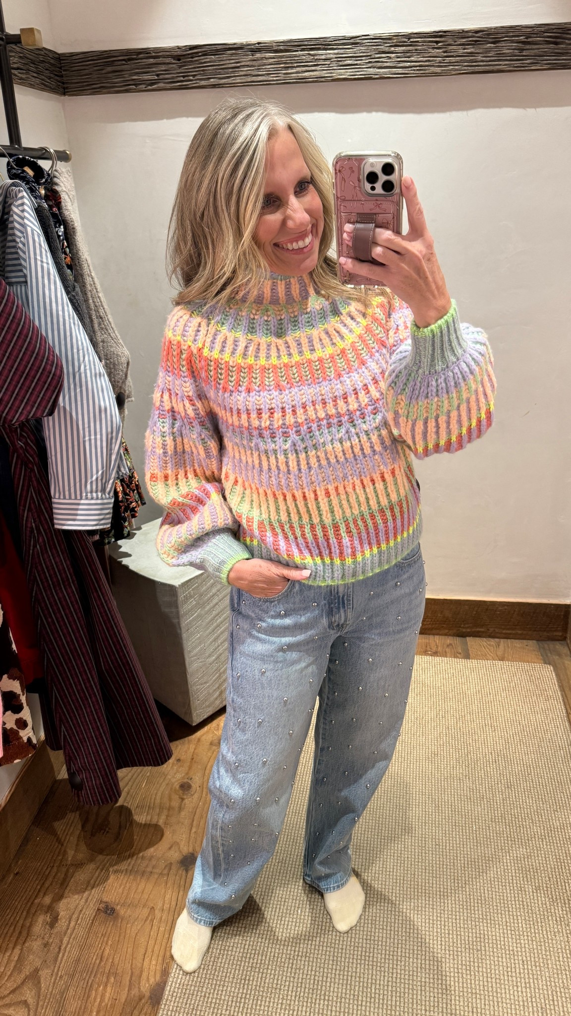 Use code ANTHRO30 for 30% off 
How cute is this sweater and the jeans with silver studs. Jeans run big. Wearing 27 and needed to size down. Wearing XS sweater 

#LTKOver40 #LTKCyberWeek #LTKSaleAlert