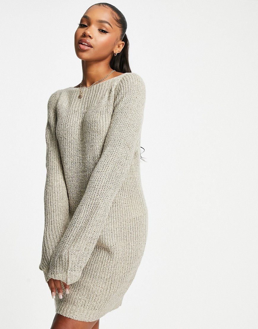 JDY wide neck knit mini sweater dress in beige-White | ASOS (Global)