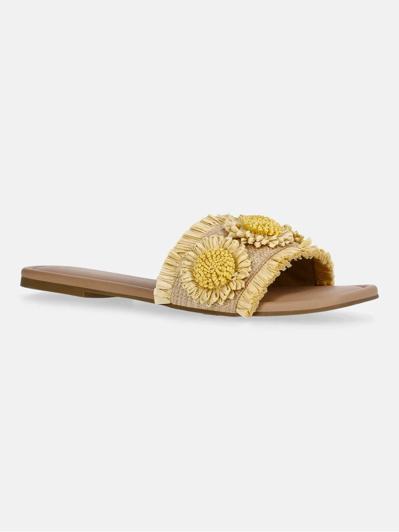 Time and Tru Women's Faux Raffia Daisy Slide Sandals | Walmart (US)