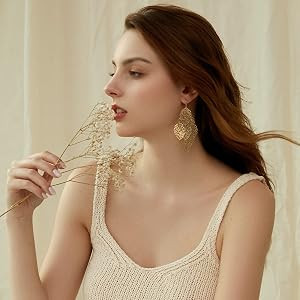 14K Gold Plated Leaf Dangle Earrings for Women Big Gold Statement Drop Earrings | Amazon (US)